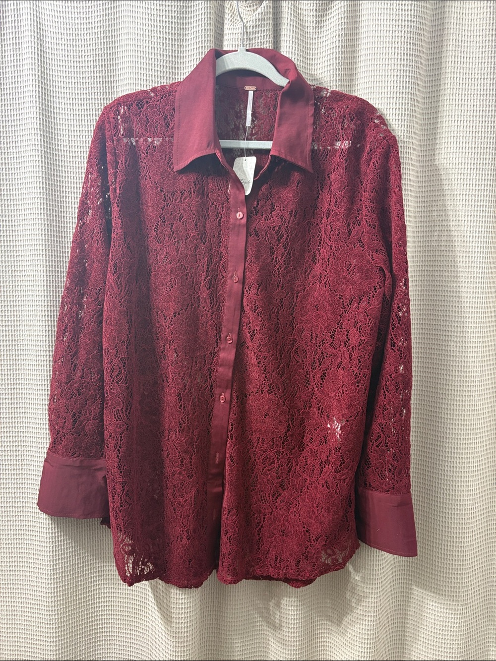 Free People Lace Button-Down Shirt in Burgundy